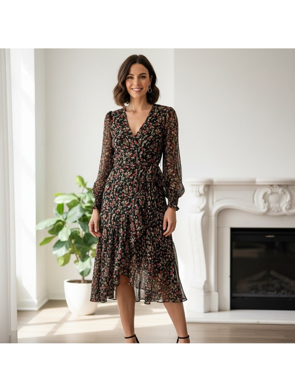 1776 - Lauren Conrad Black Floral Long Sleeve Midi Dress w/ Wrap Detail - Large